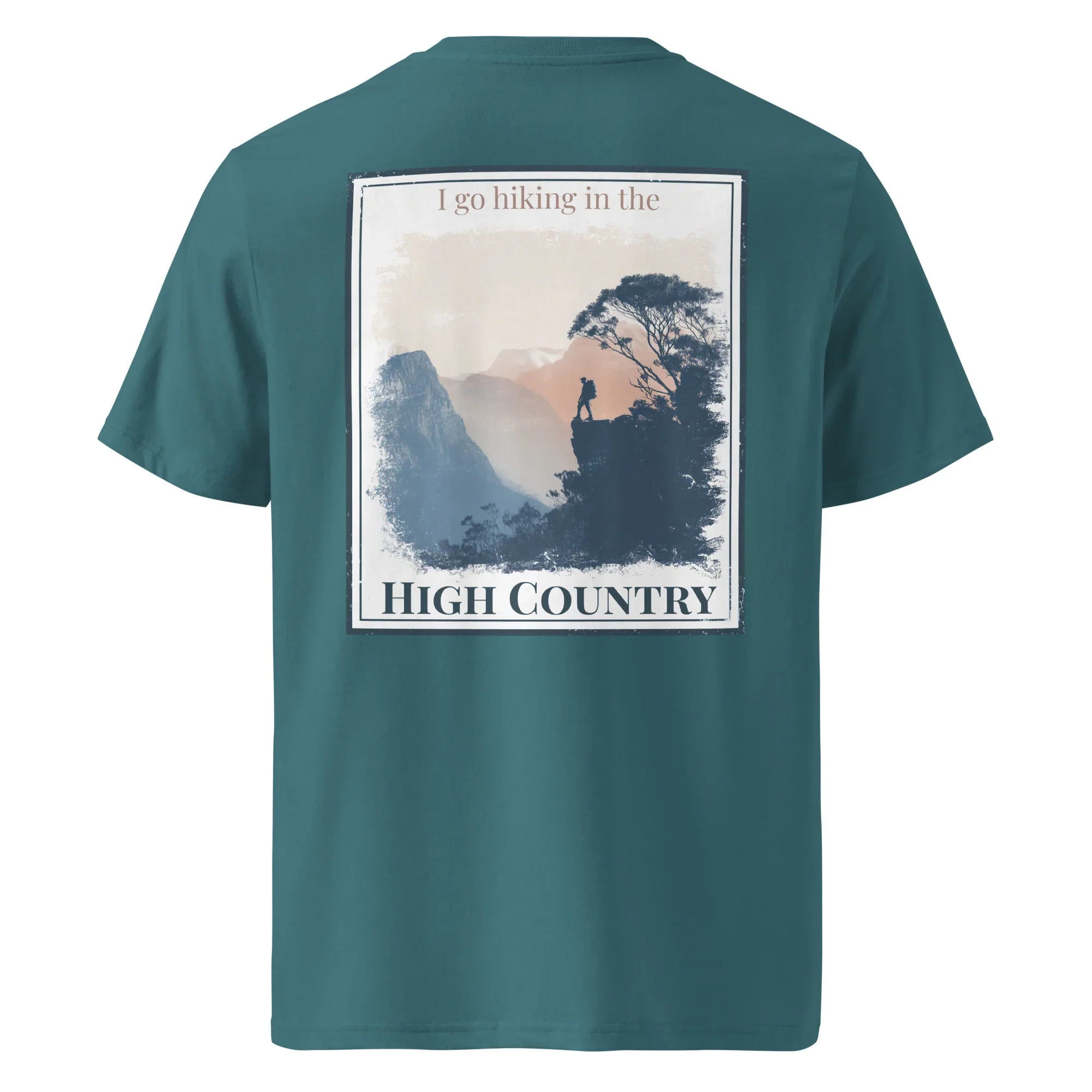 Teal organic tee with back hiking landscape graphic and “HIGH COUNTRY” text