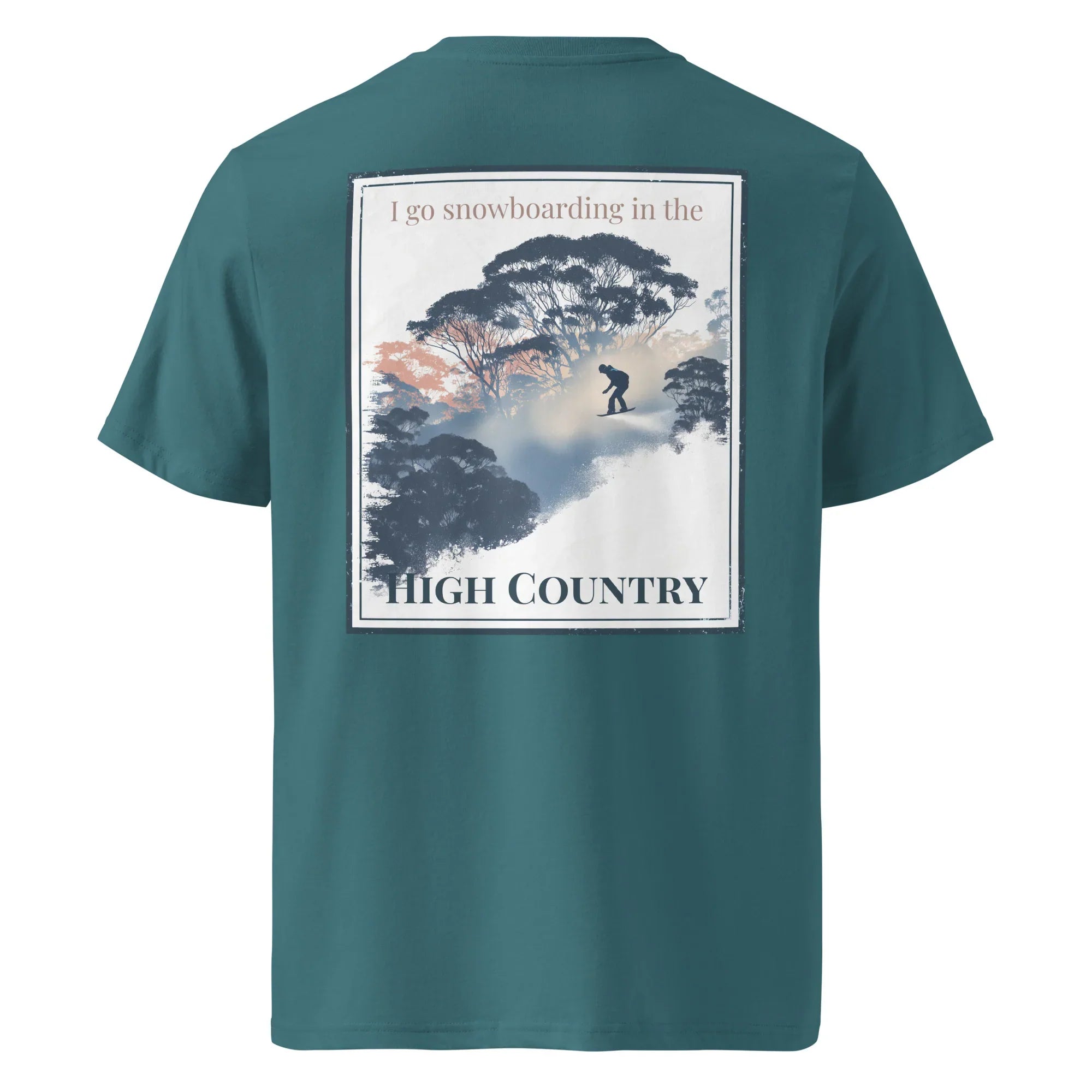 Teal organic tee, back “High Country” graphic with snowboarder and trees