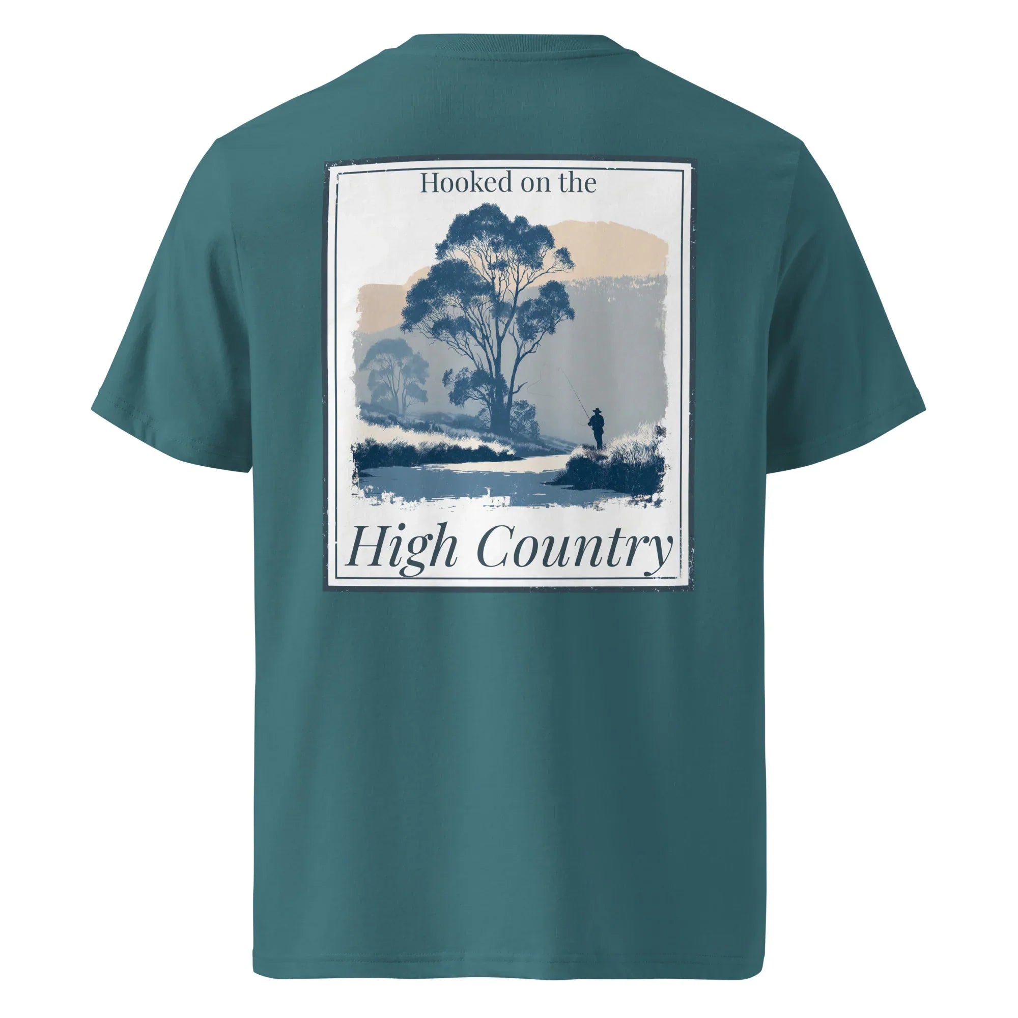 Organic Tee, petrolfarbener Stoff, Rückenprint „High Country“