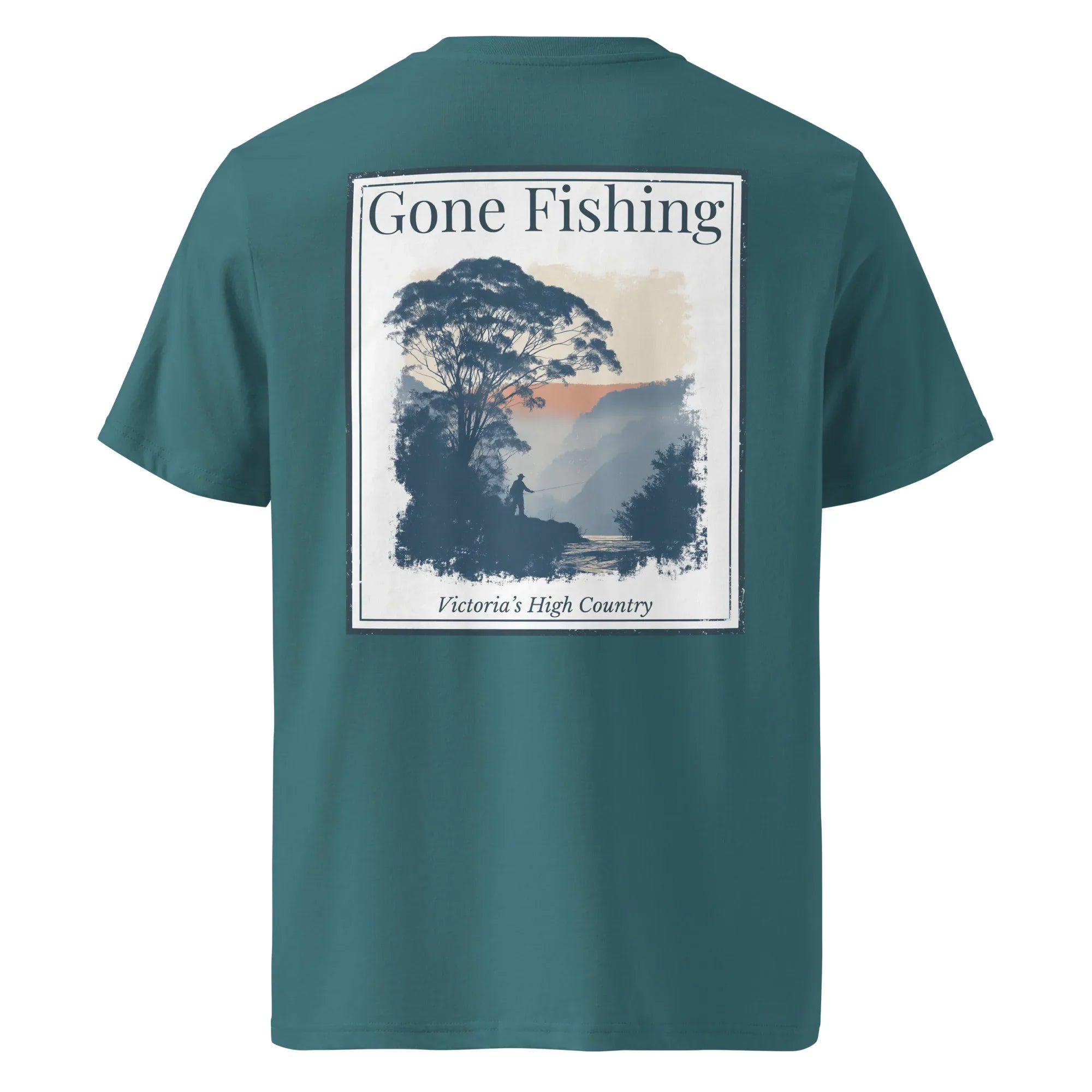 Gone Fishing organic tee, teal green—back graphic print