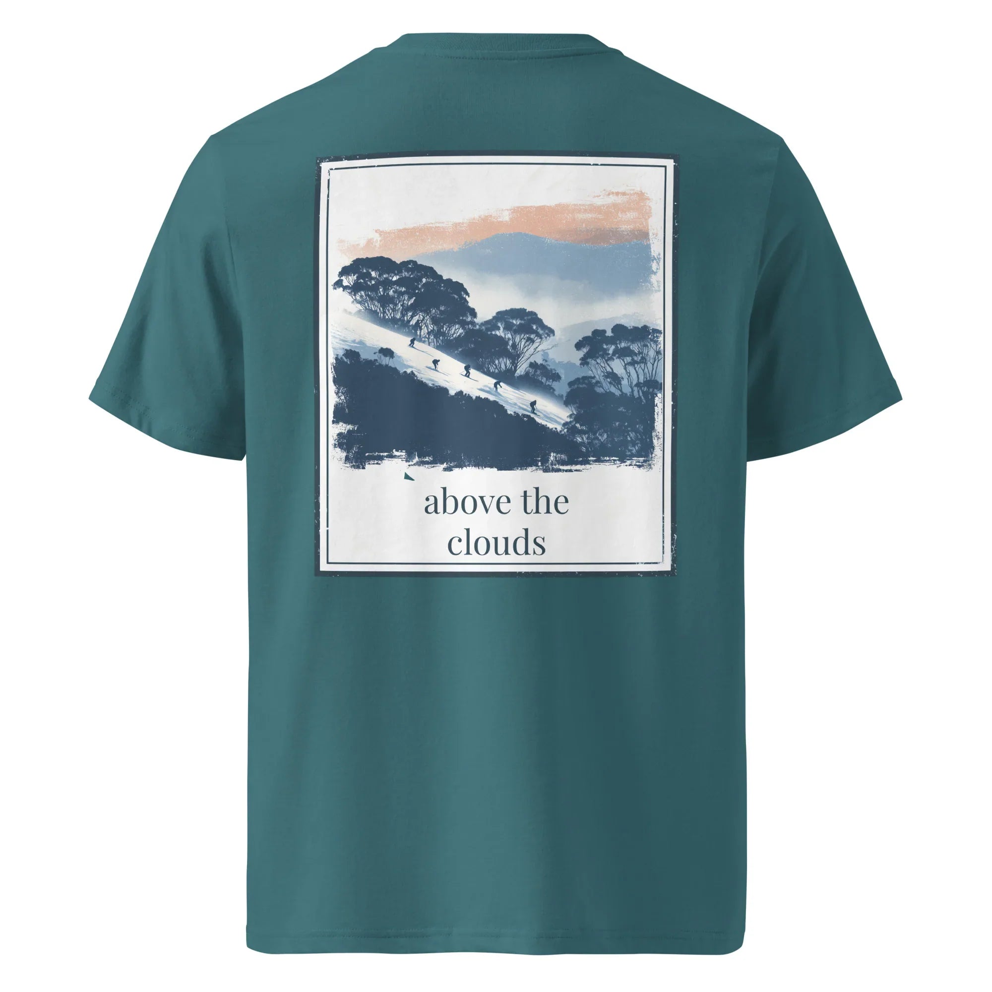 Teal organic tee, back graphic of mountains with text “above the clouds”