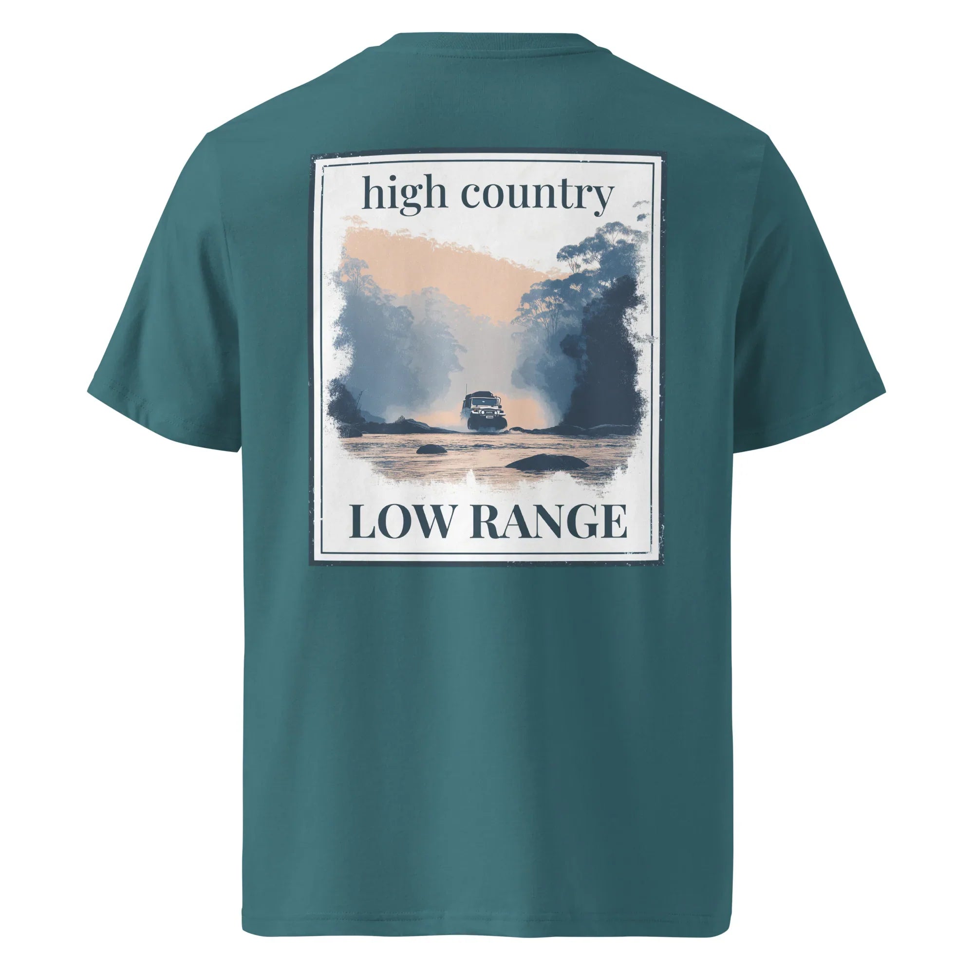 Tee “high country / low range” back graphic on teal shirt