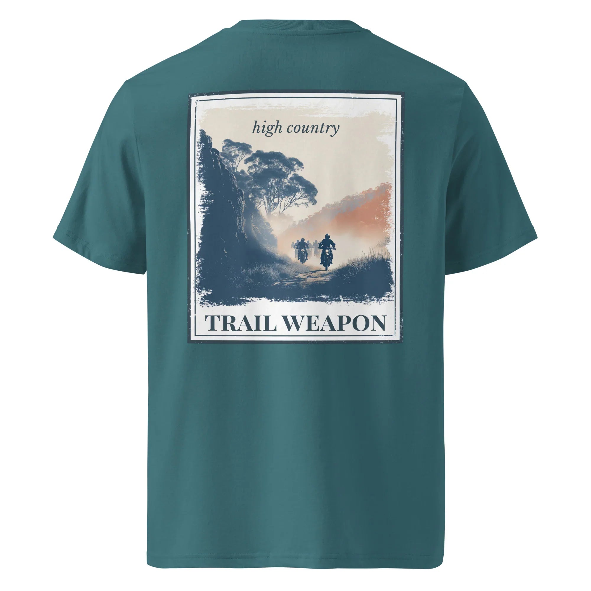 T-Shirt mit Rückenprint „TRAIL WEAPON“ und „high country“, petrolblau