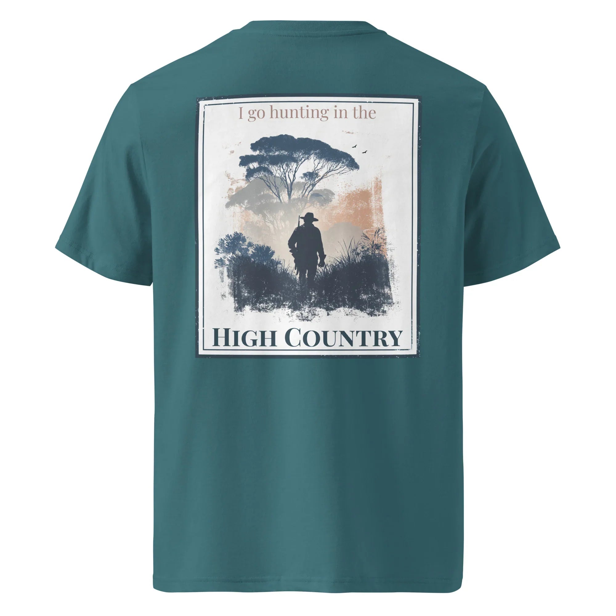 Teal organic tee—back graphic with hunter silhouette and “HIGH COUNTRY” text