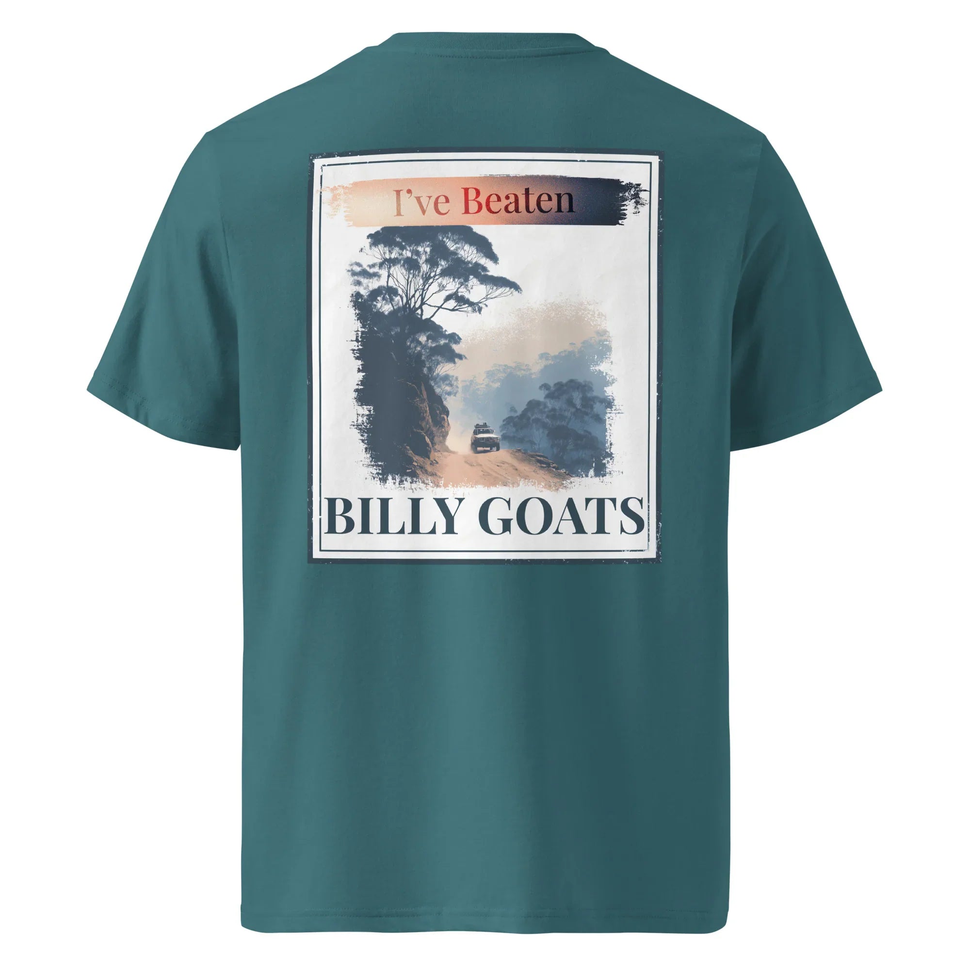 Organic Tee back print on teal T-shirt, “I’ve Beaten Billy Goats / BILLY GOATS”