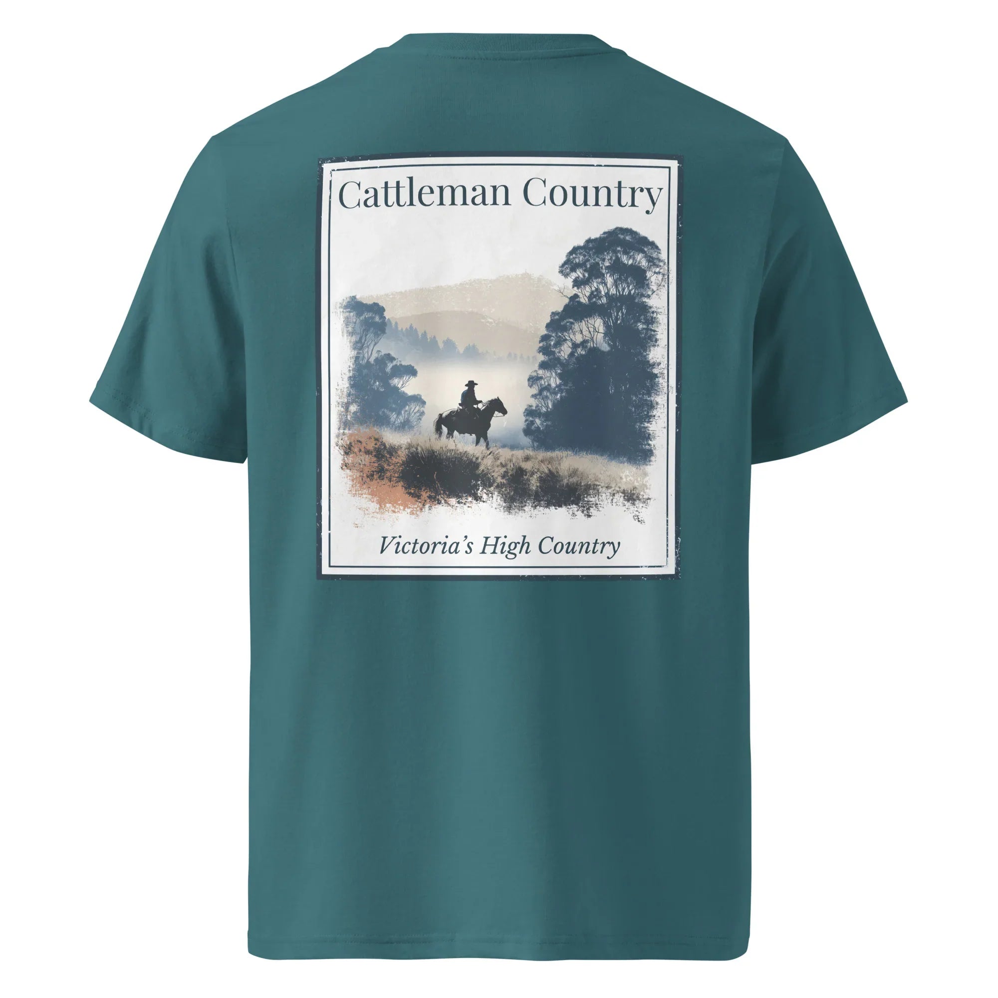 Organic Tee Rückseite, petrol/blaugrün, „Cattleman Country“ Motiv mit Pferd