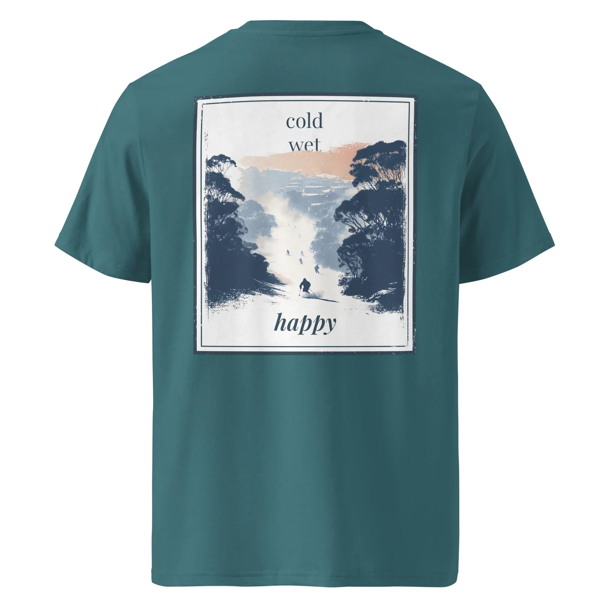 Organic Tee in Petrolblau mit großem „cold wet happy“-Rückenprint