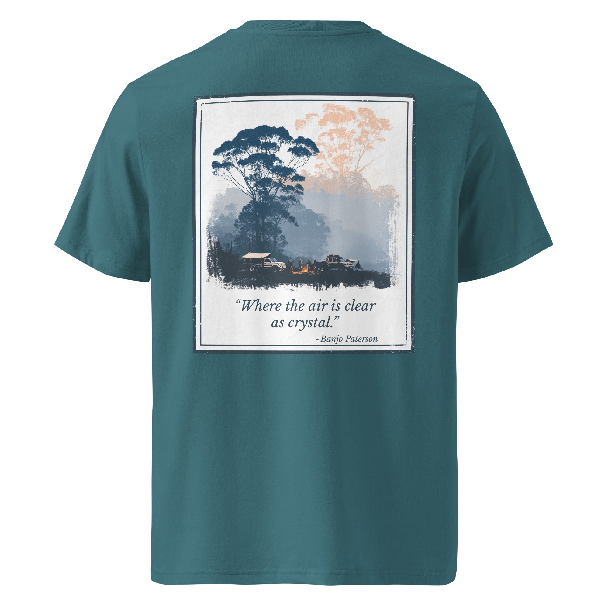 Organic tee, back view, framed landscape graphic, teal