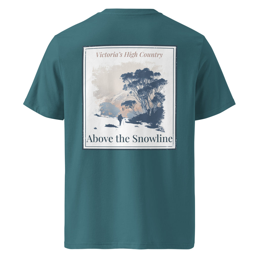 Organic T-shirt, teal, back graphic print with snowy landscape in framed panel