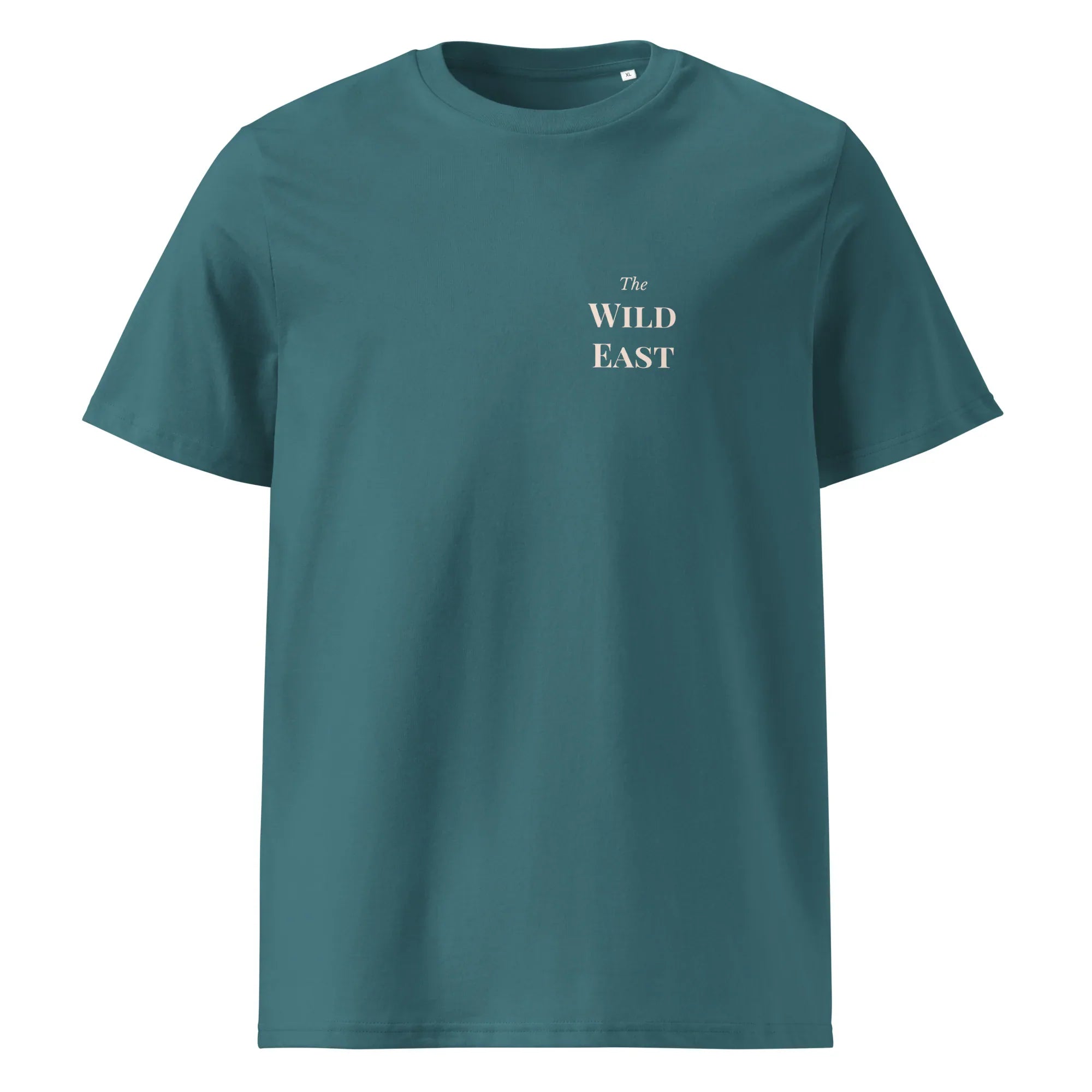 Organic tee front in teal, small chest “Wild East” text logo