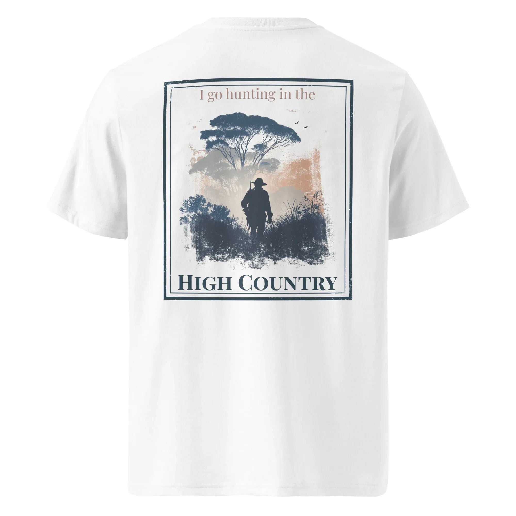 Organic Tee “High Country” back print on white short-sleeve T-shirt
