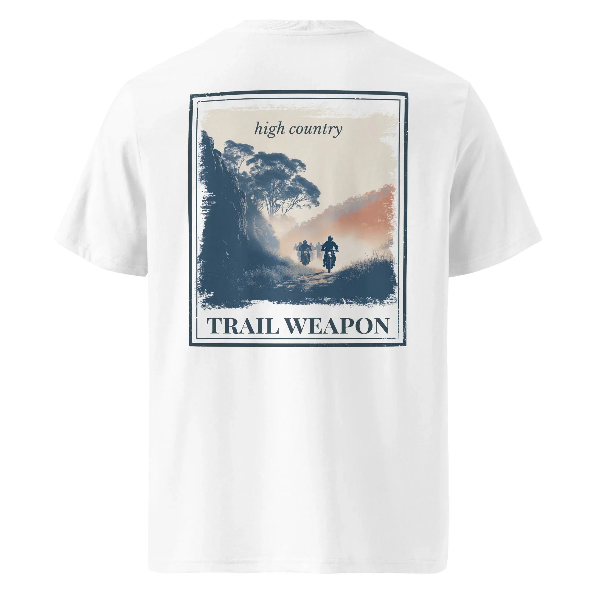 Organic tee back: 'high country' and 'TRAIL WEAPON' graphic on white