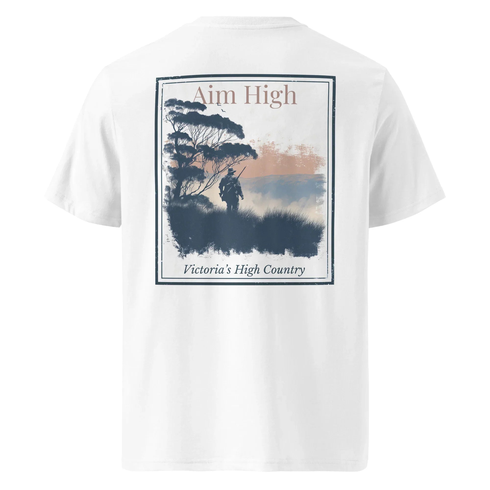 White Aim High organic T-shirt, back print with trees and text 'Victoria's High Country'