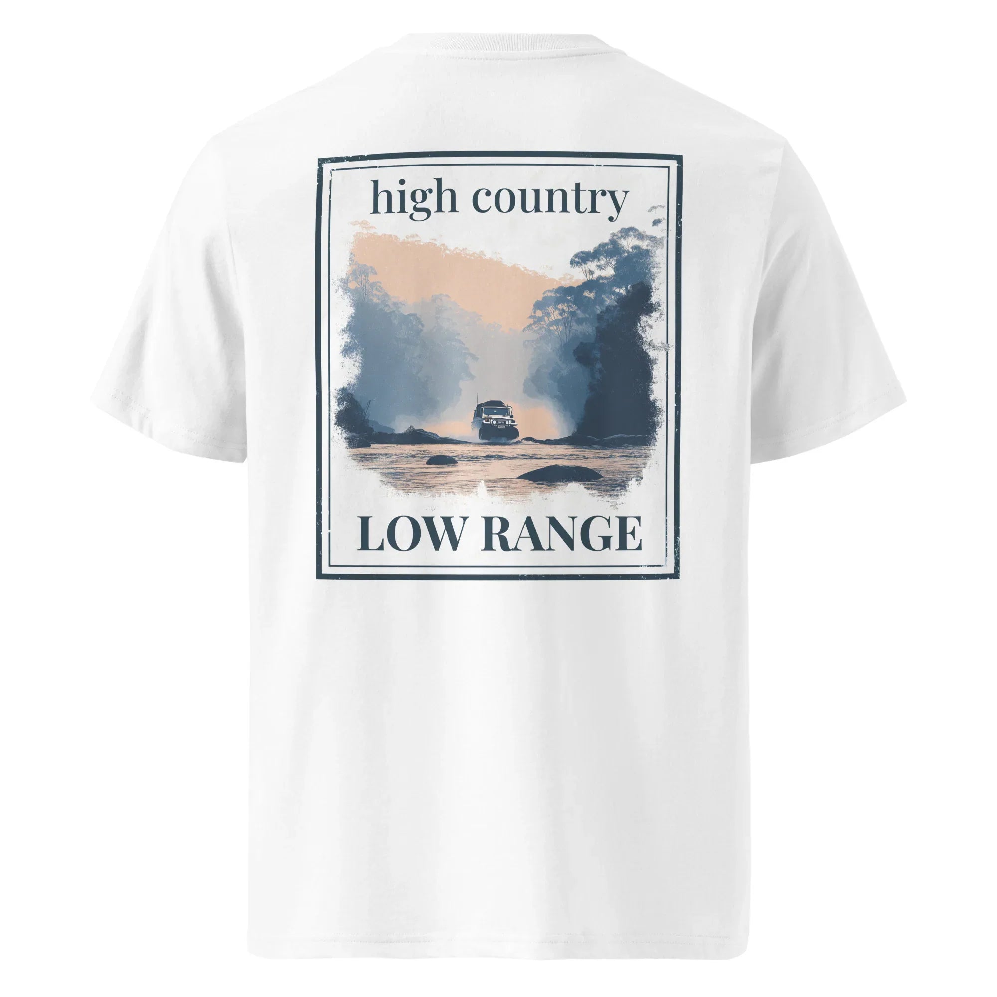 Organic tee in white, back graphic print: “high country” and “low range”.
