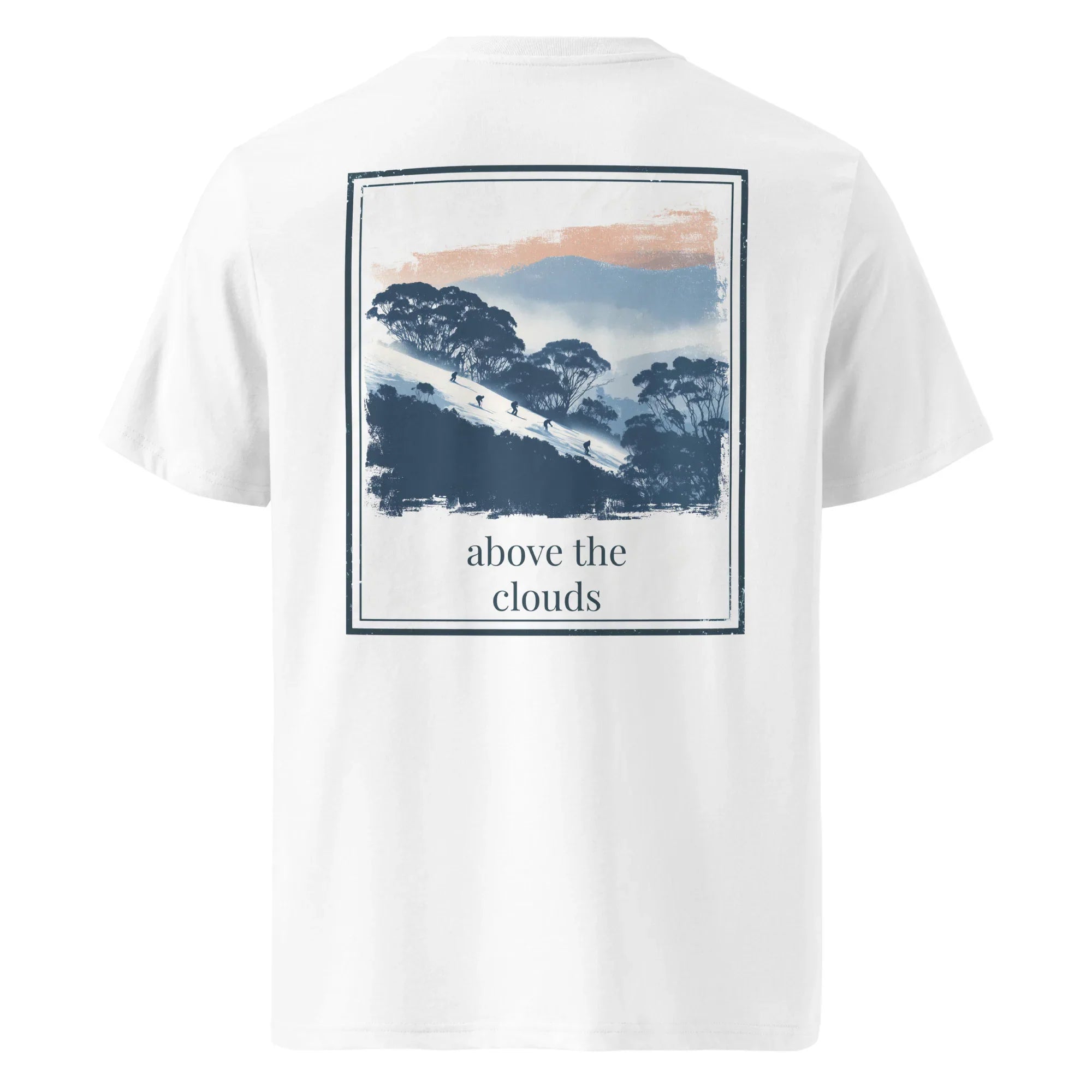 Organic tee with back graphic print reading “above the clouds”