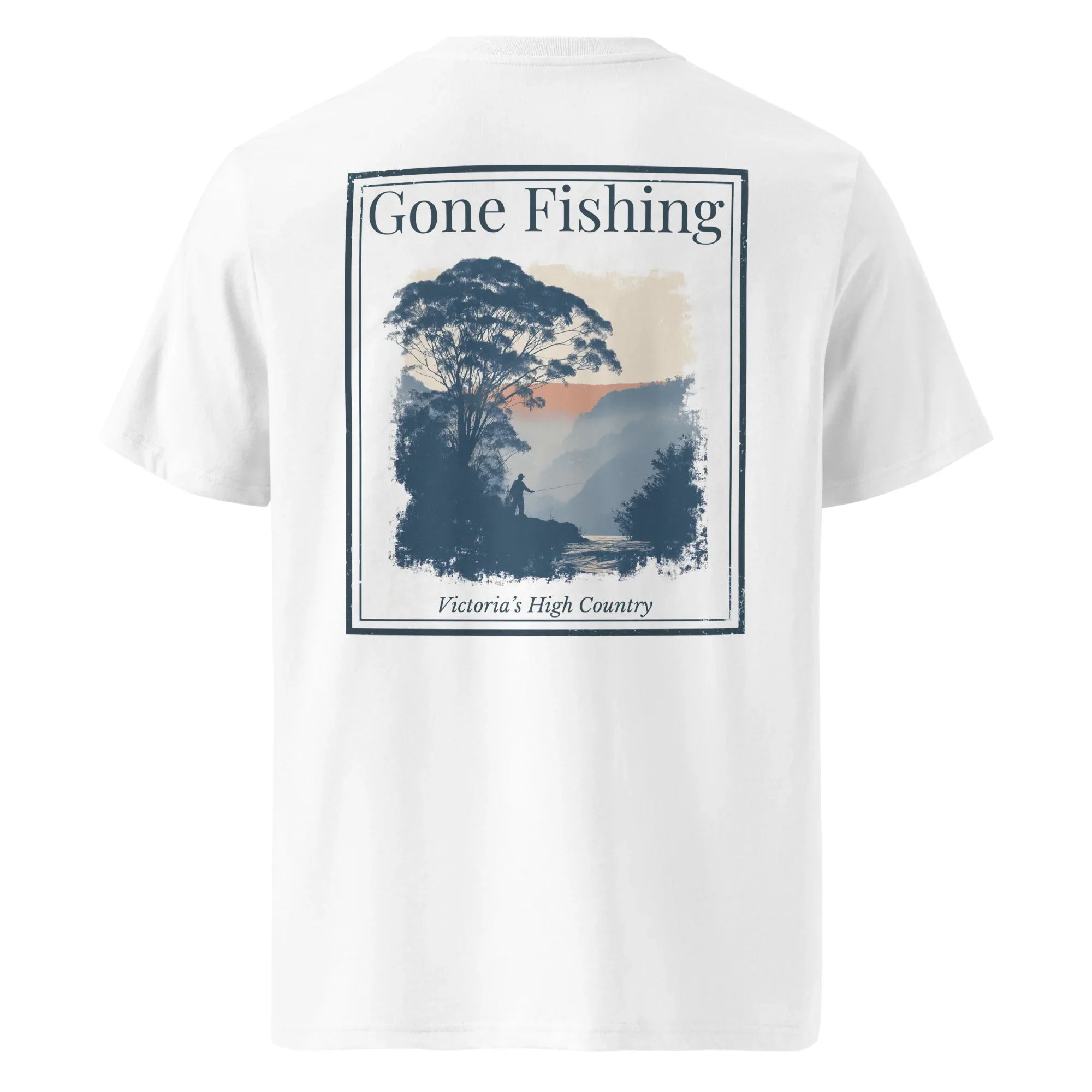 Organic Tee 'Gone Fishing' graphic on white back, crew neck short sleeves