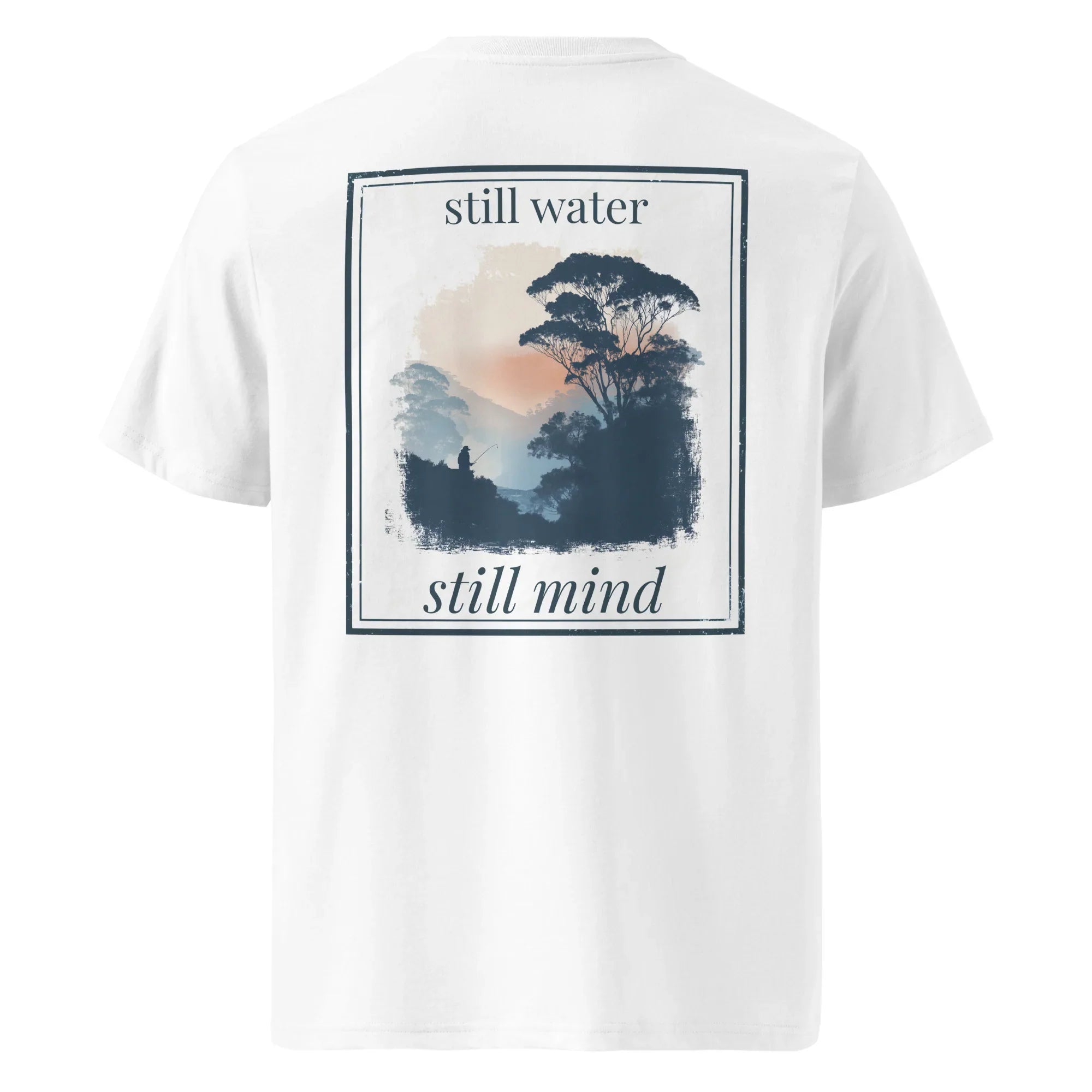 Organic tee in white, back graphic print “still water” and “still mind” with trees