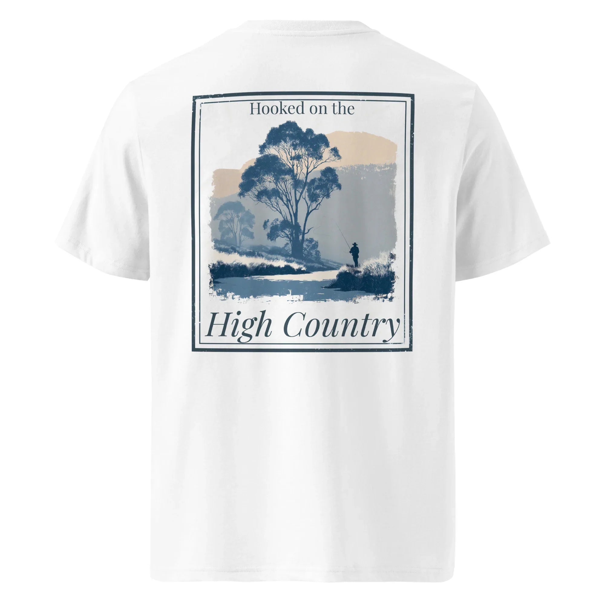 Organic Tee: Hooked on the High Country back graphic, white