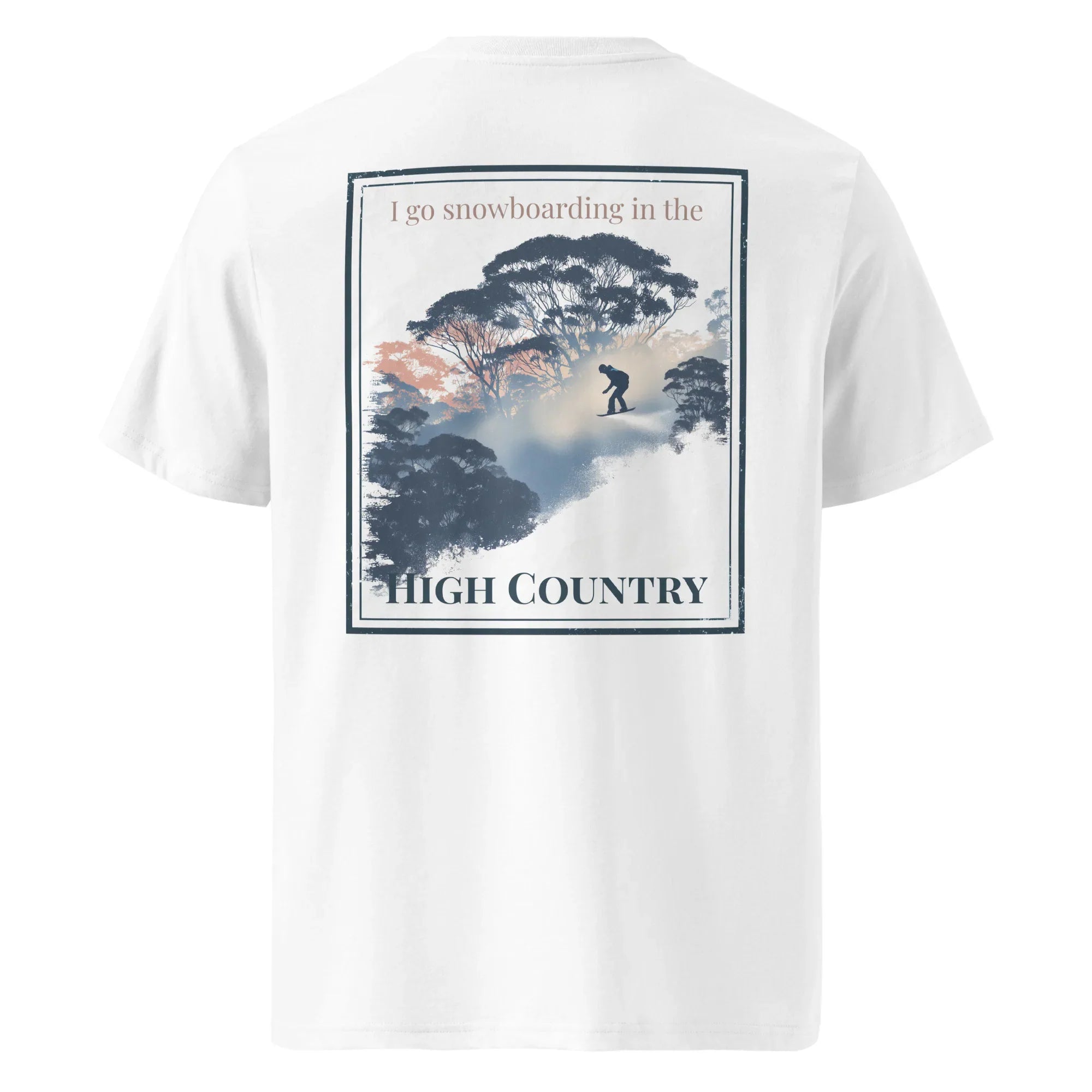 White organic tee with back snowboard graphic: “HIGH COUNTRY”