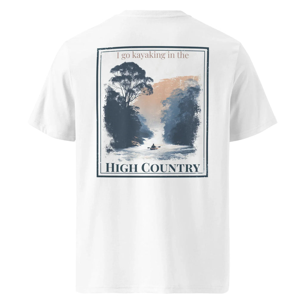 White organic tee back graphic: kayaking in the High Country