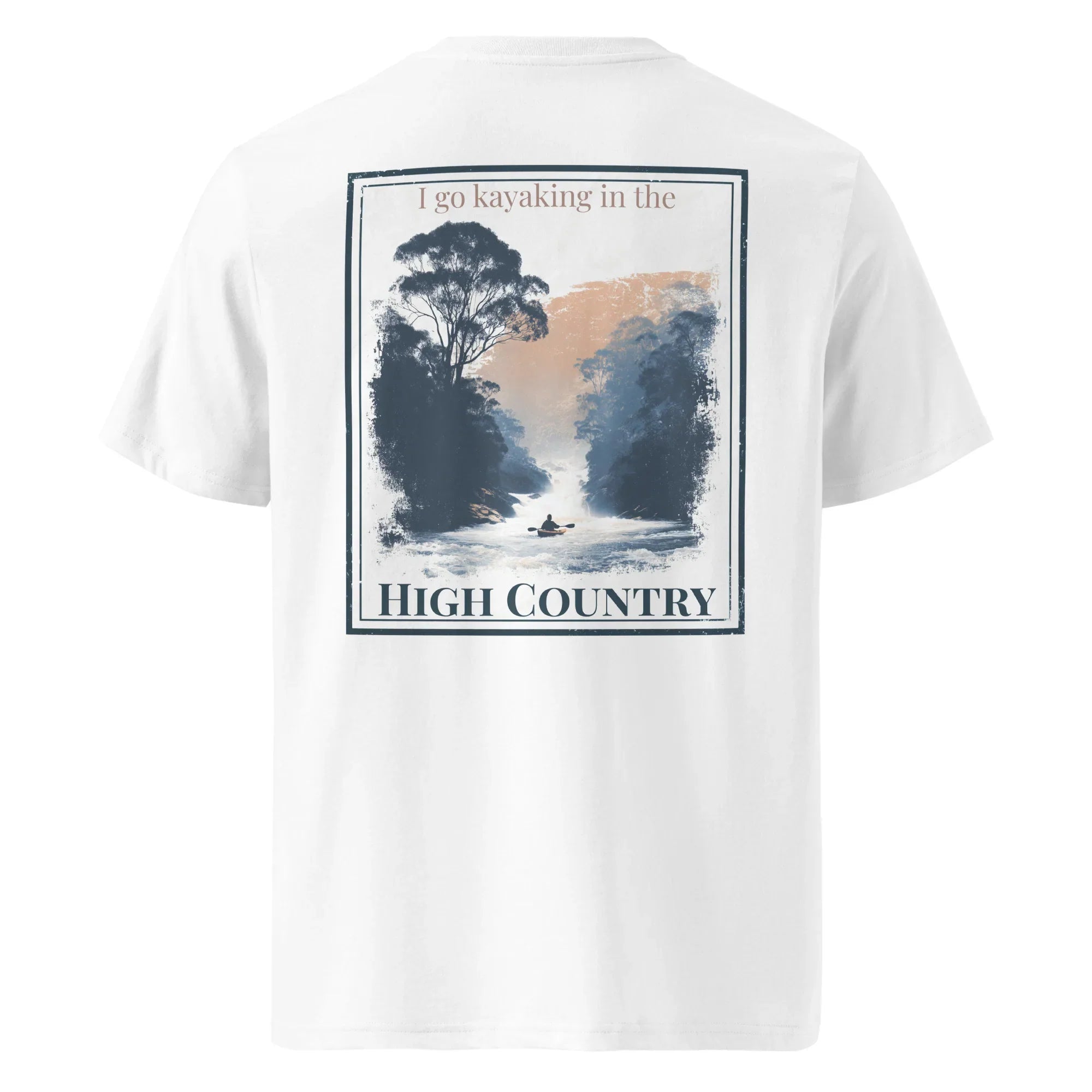 White organic tee back graphic: kayaking in the High Country