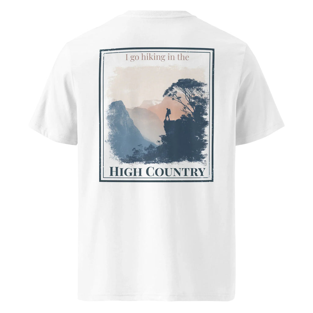 White Organic T-shirt, back graphic 'High Country'