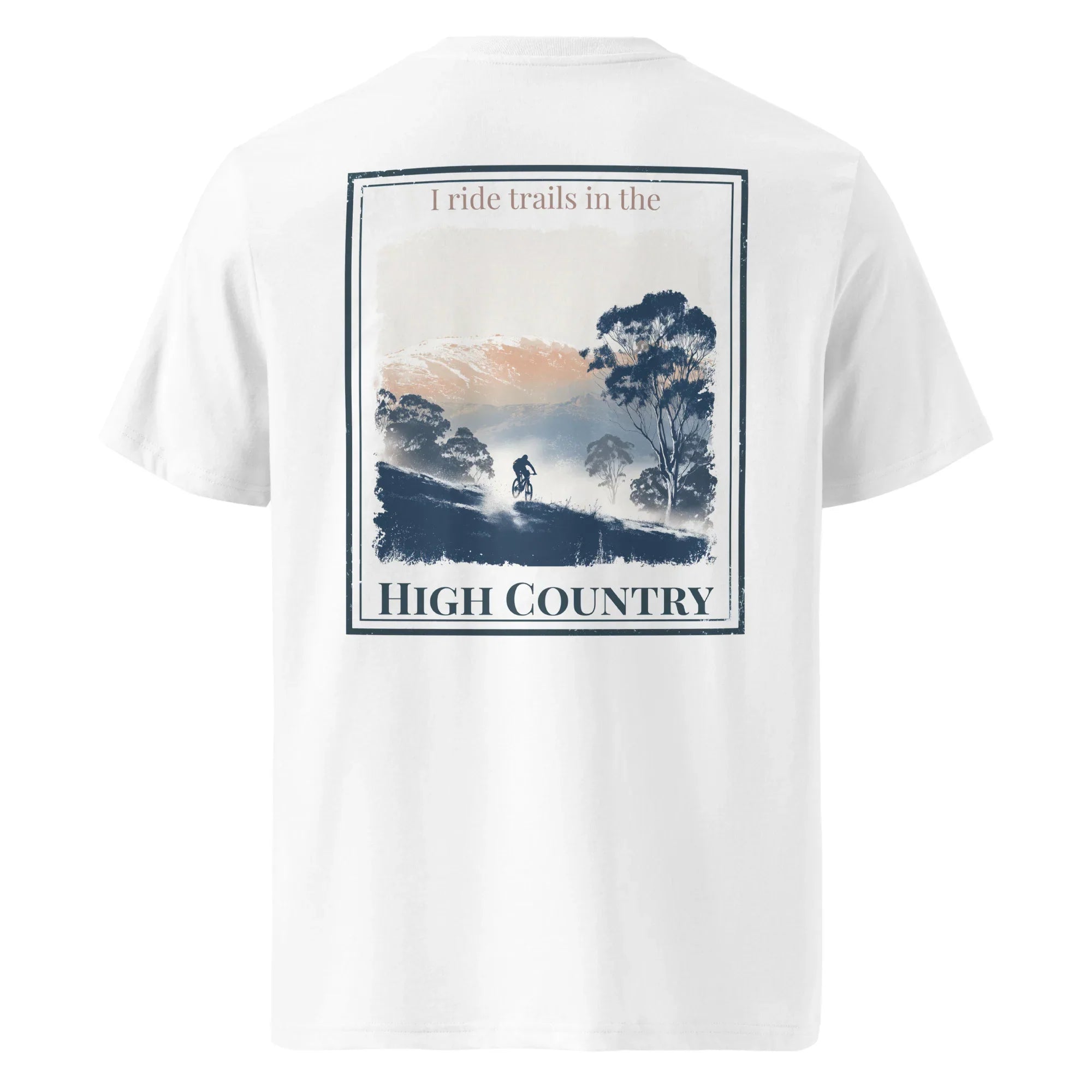 White organic tee with “High Country” trail graphic on back