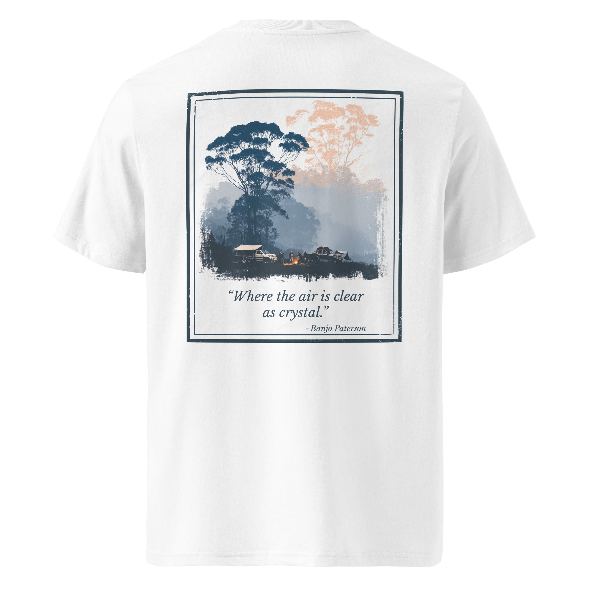 White organic T-shirt with square framed landscape graphic and quote print on back