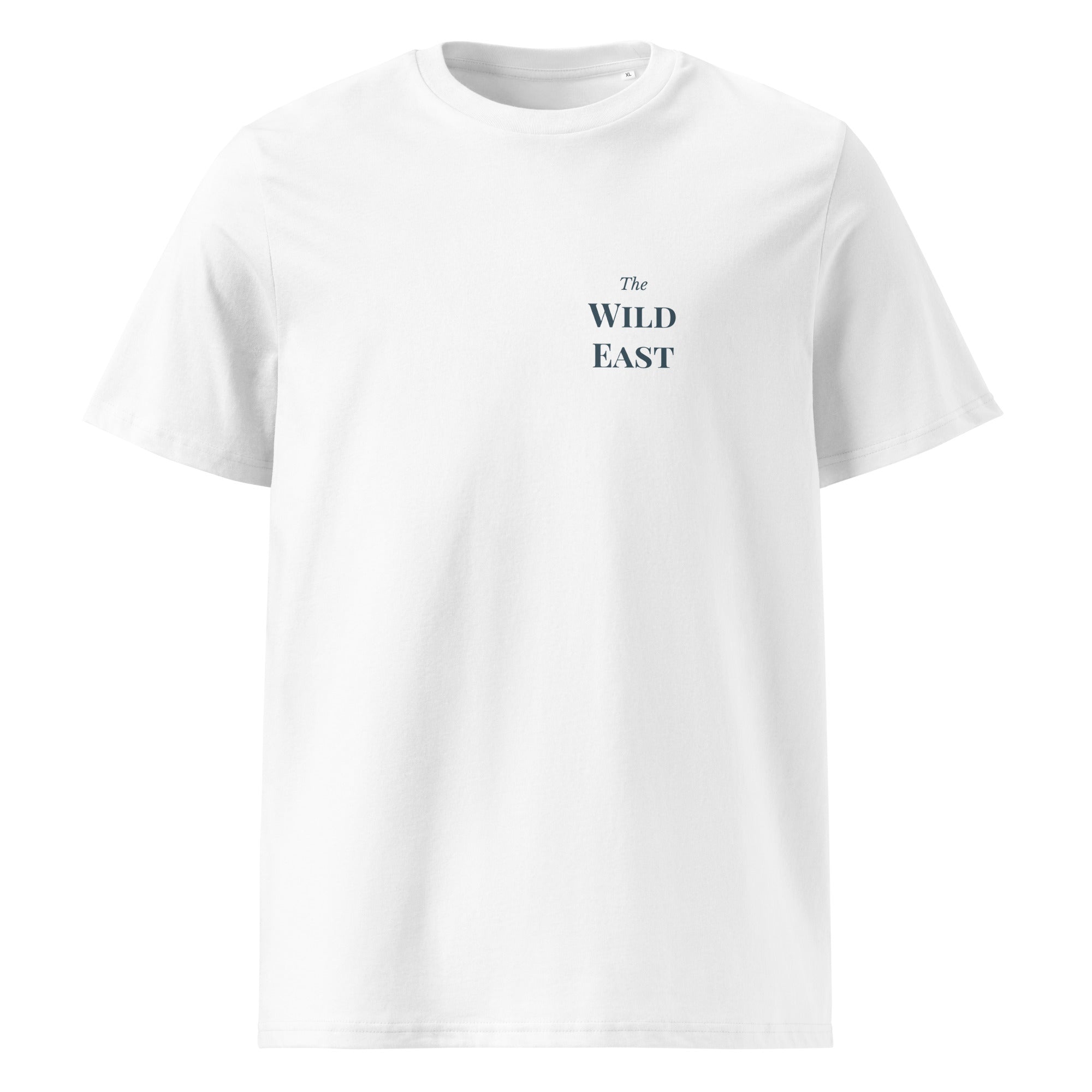 Organic tee in white with small front logo text print
