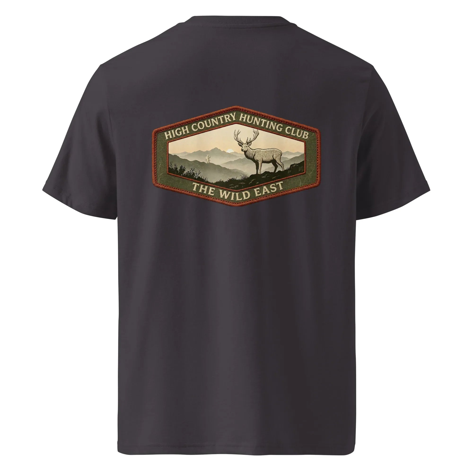 Organic Tee in anthracite dark grey with back hunting club graphic and deer illustration