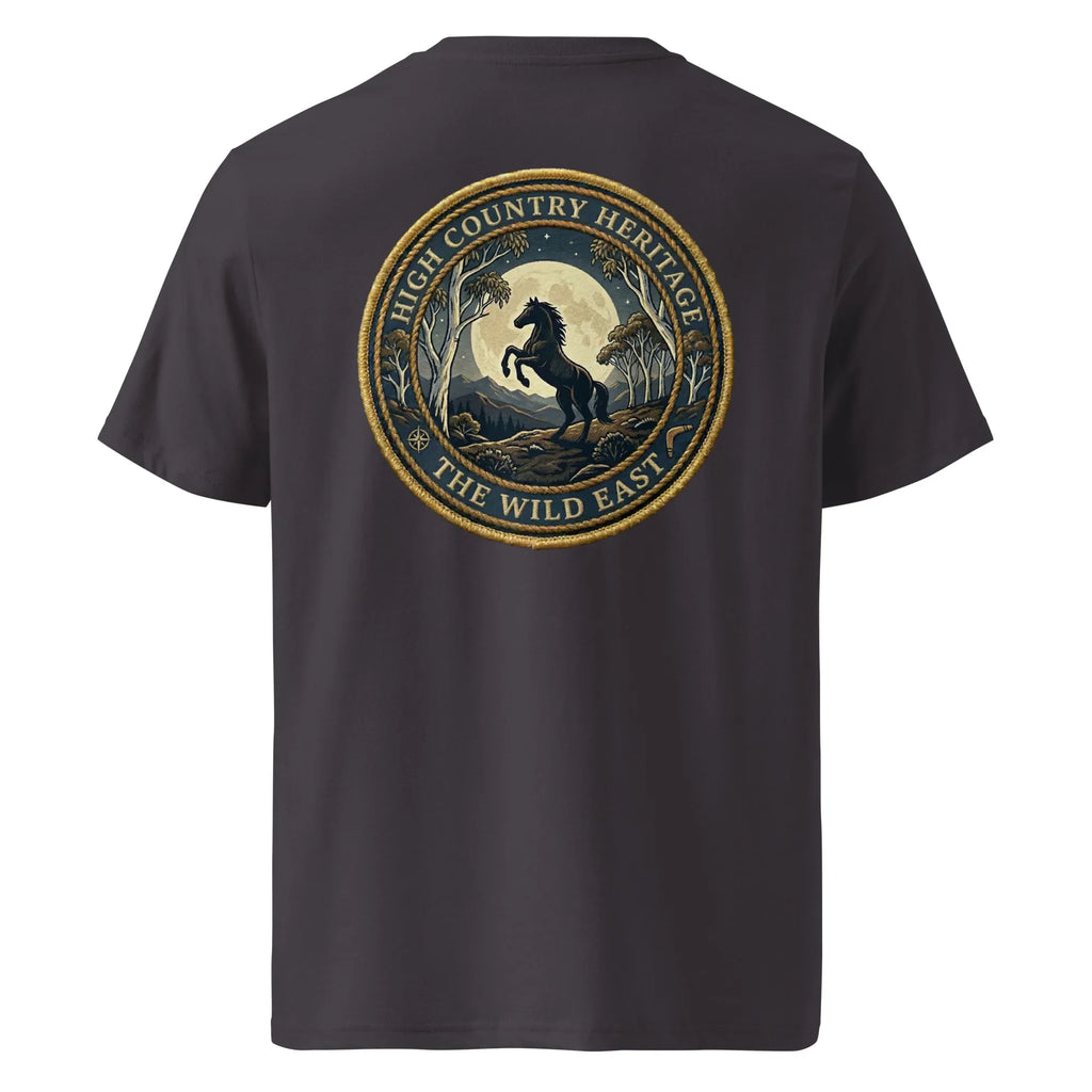 Organic tee, dark back print with horse heritage emblem, crew neck short sleeves