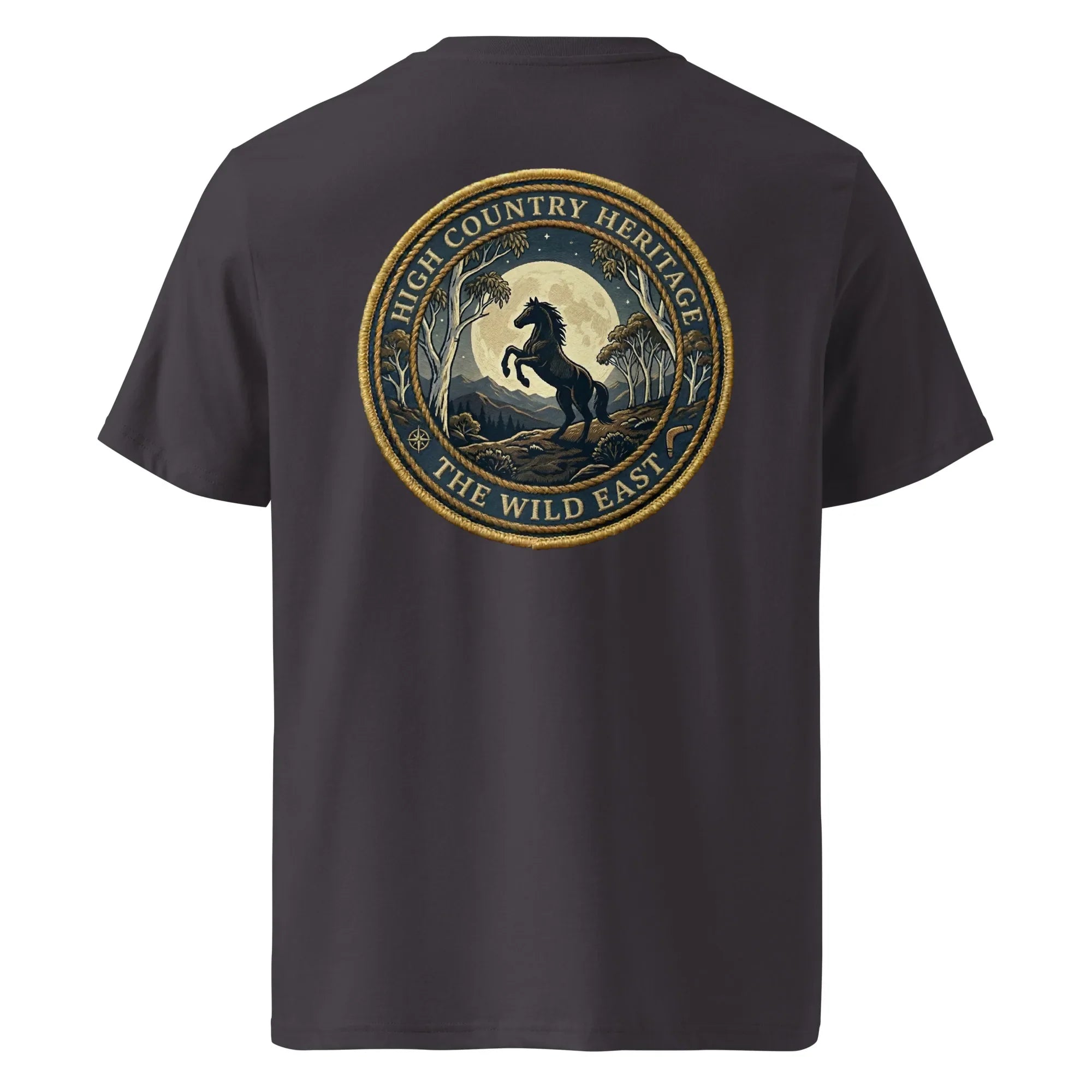 Organic tee, dark back print with horse heritage emblem, crew neck short sleeves