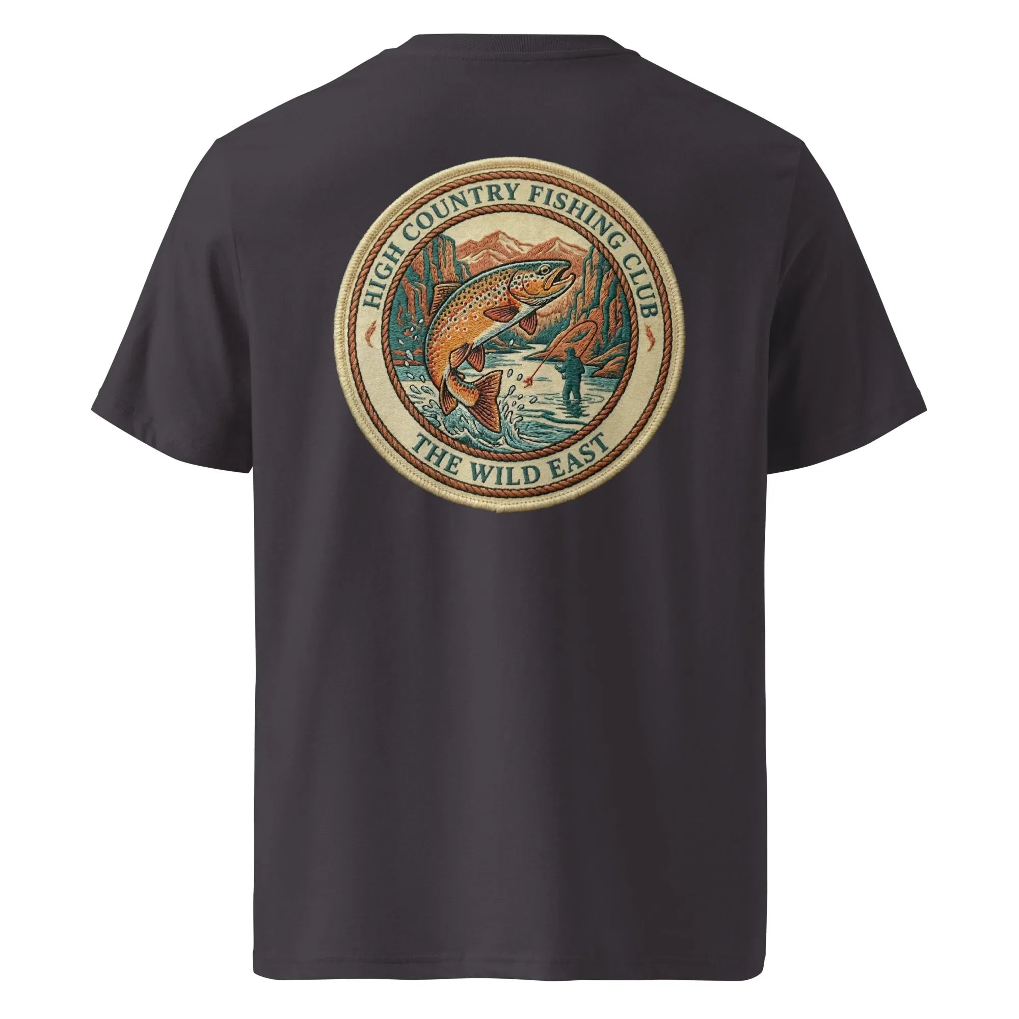 Organic Tee in Dunkelgrau mit rundem Fishing-Club-Logo auf der Rückseite