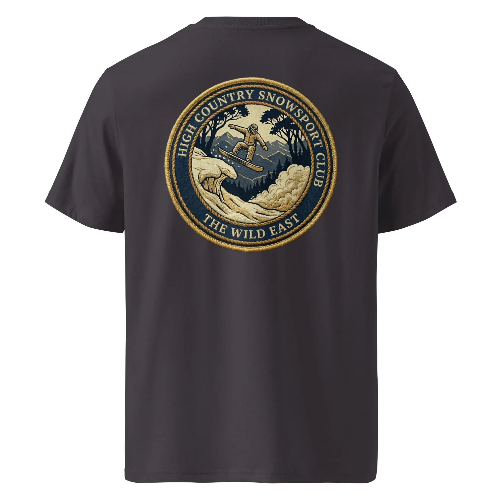 Anthracite organic tee, back view with large skier badge graphic