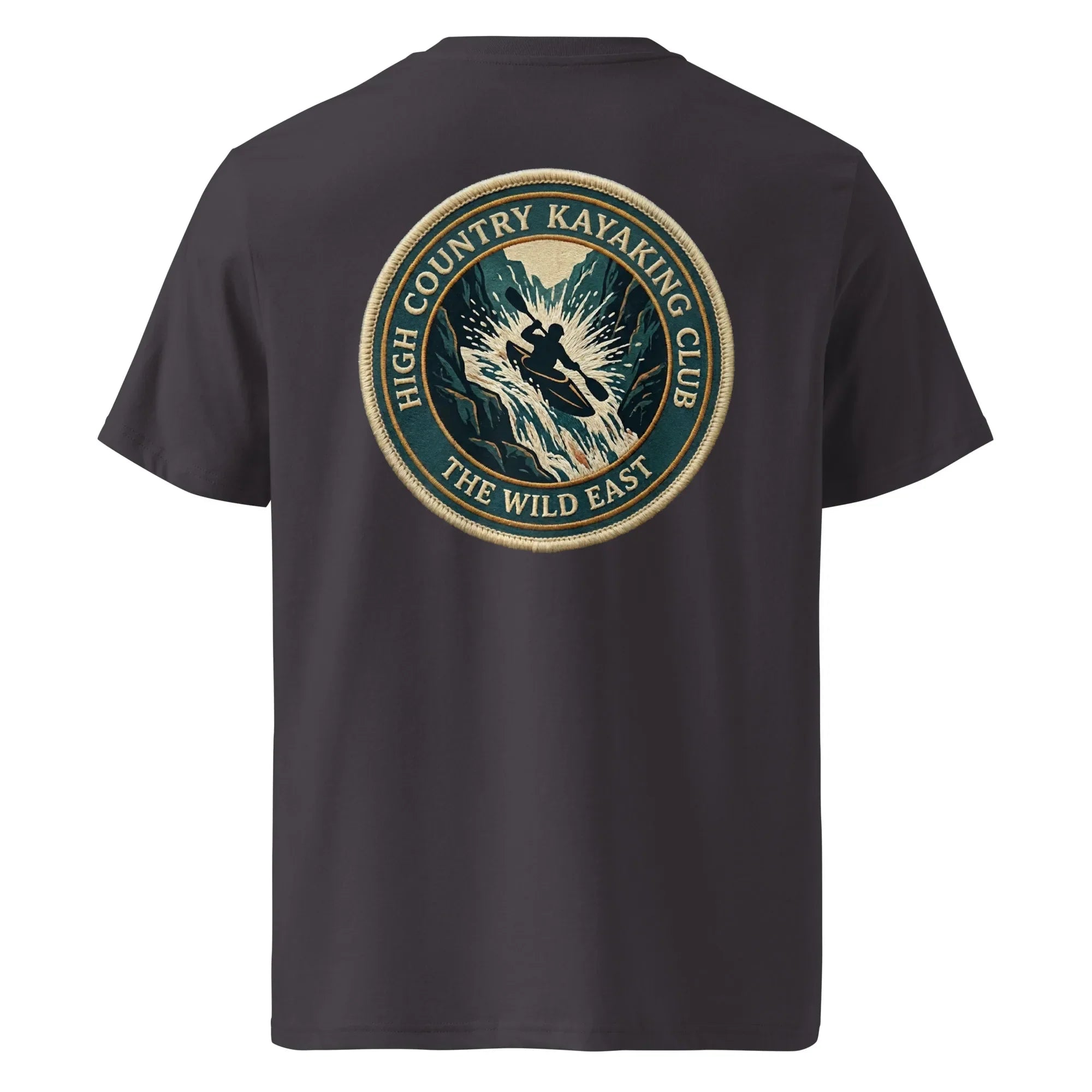 Organic Tee—kayaking club logo on black crew neck T-shirt, back view