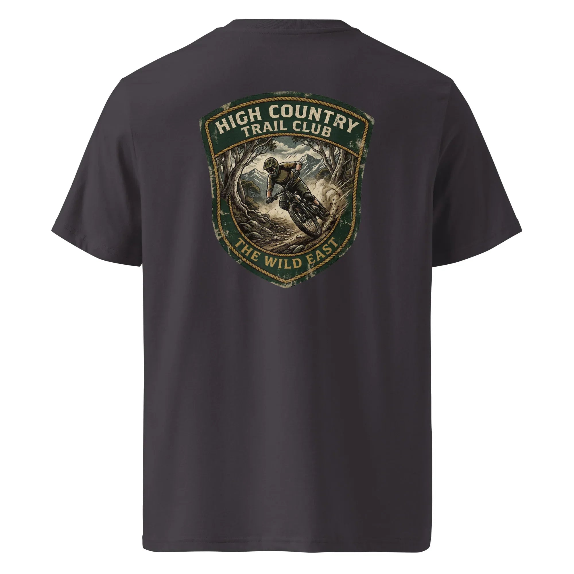 Organic tee with High Country Trail Club back graphic, dark charcoal gray