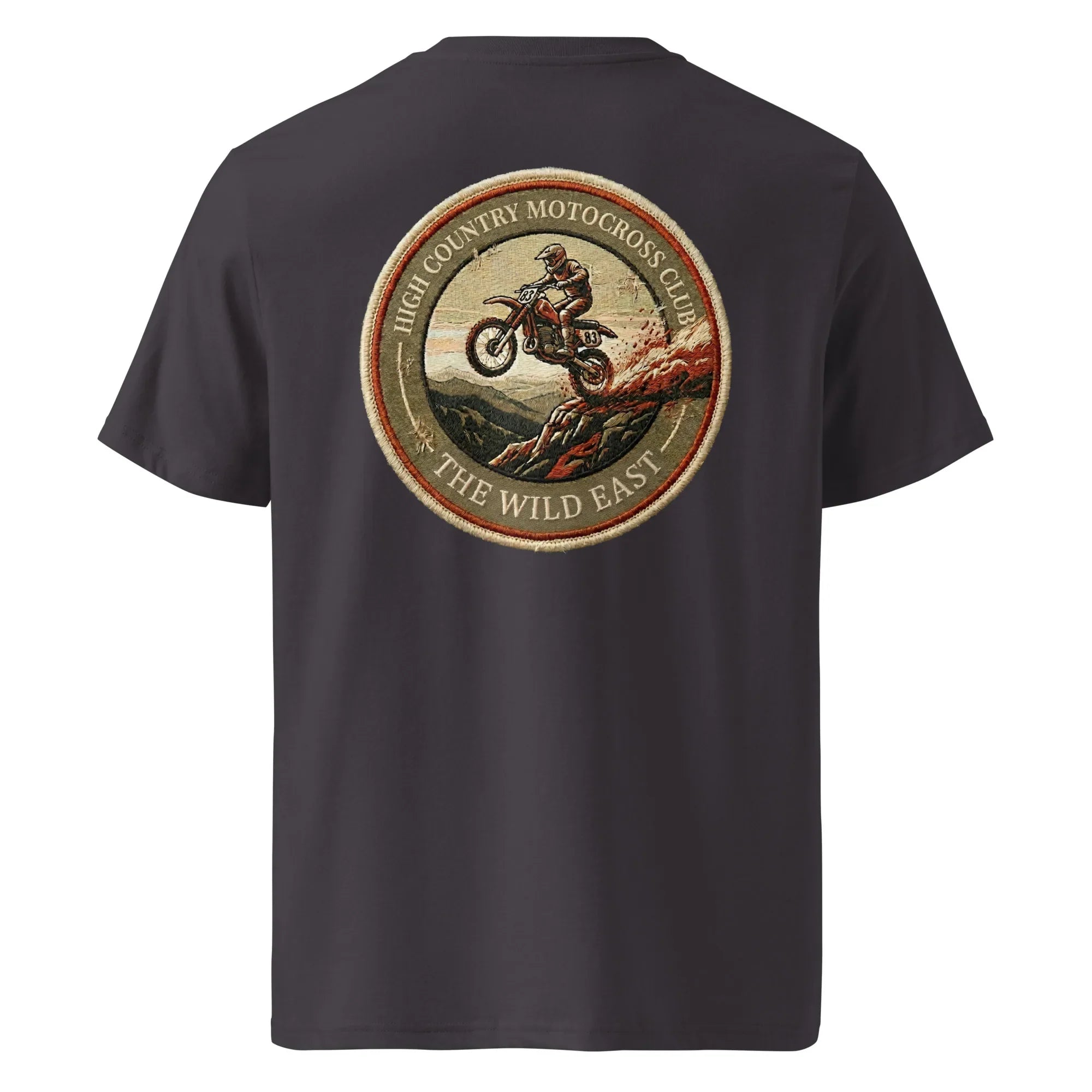 HC Motocross Club Unisex T-Shirt India Ink Grey mit rundem Rückenlogo und Motorradmotiv