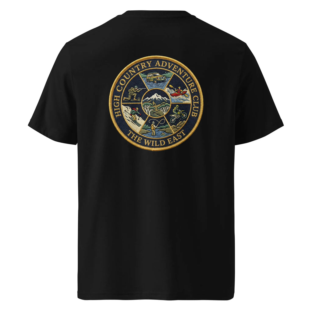 Organic Tee in black, round back logo with illustrated mountain scene