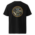Organic Tee in black, round back logo with illustrated mountain scene