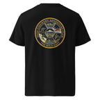 Organic Tee in black, round back logo with illustrated mountain scene