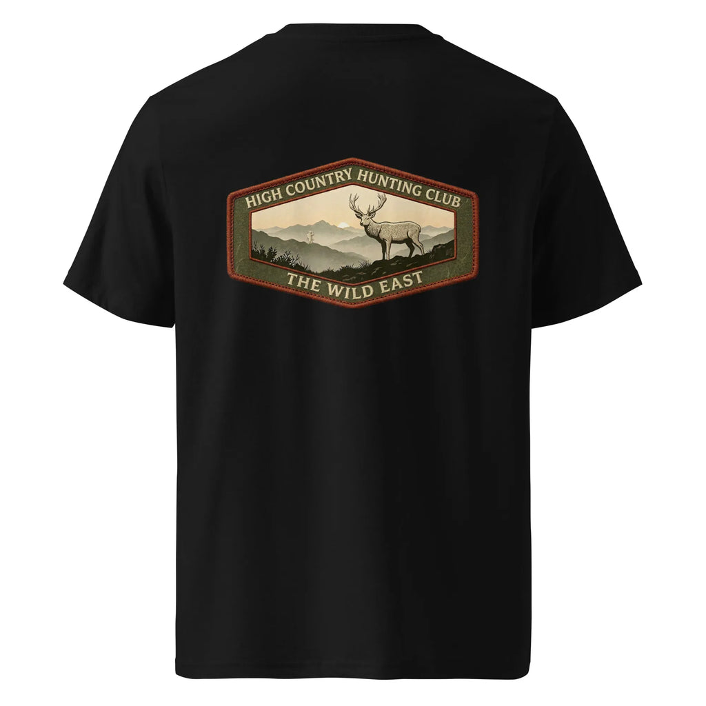 Organic Tee in black with back hunting club graphic and deer illustration