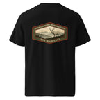 Organic Tee in black with back hunting club graphic and deer illustration