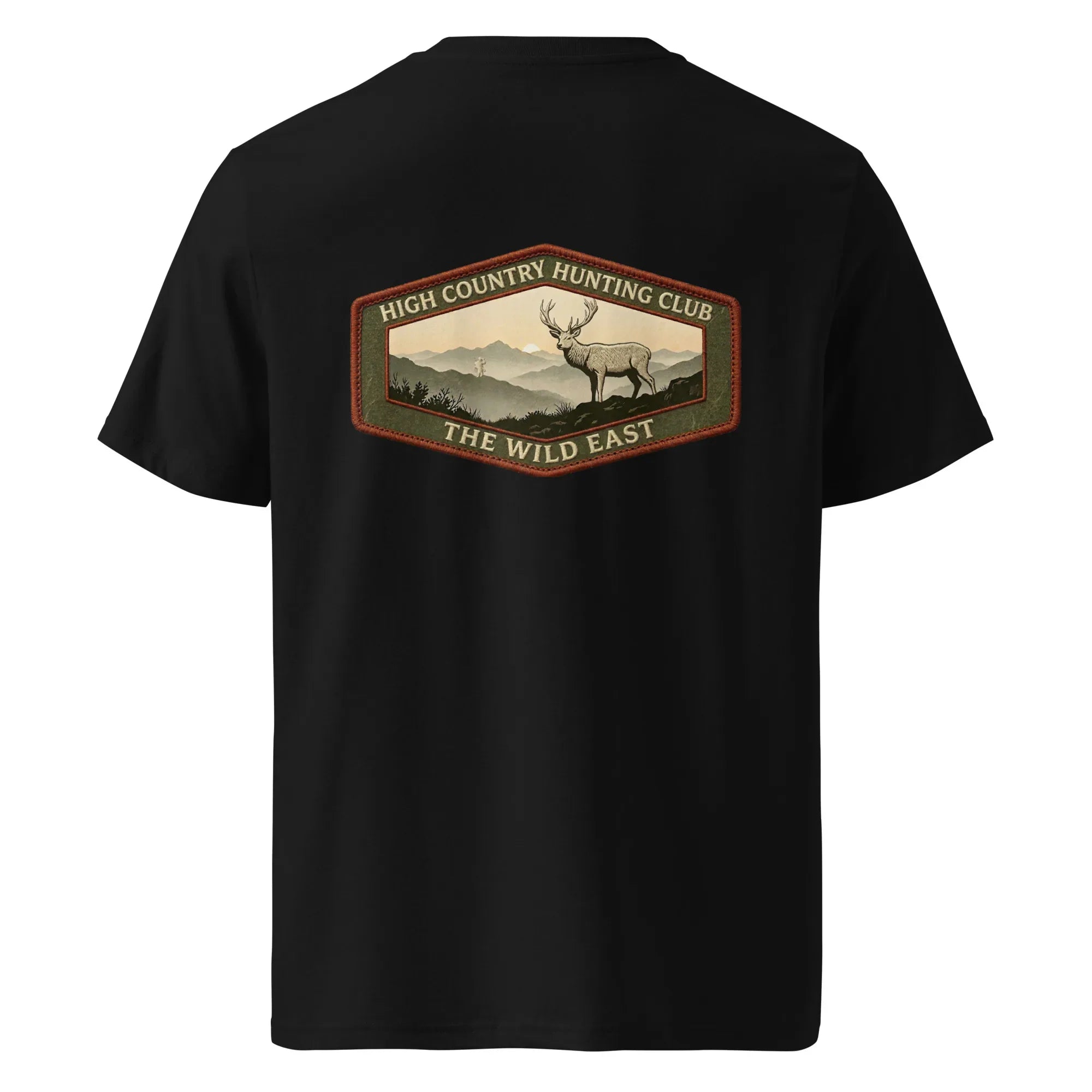 Organic Tee in black with back hunting club graphic and deer illustration