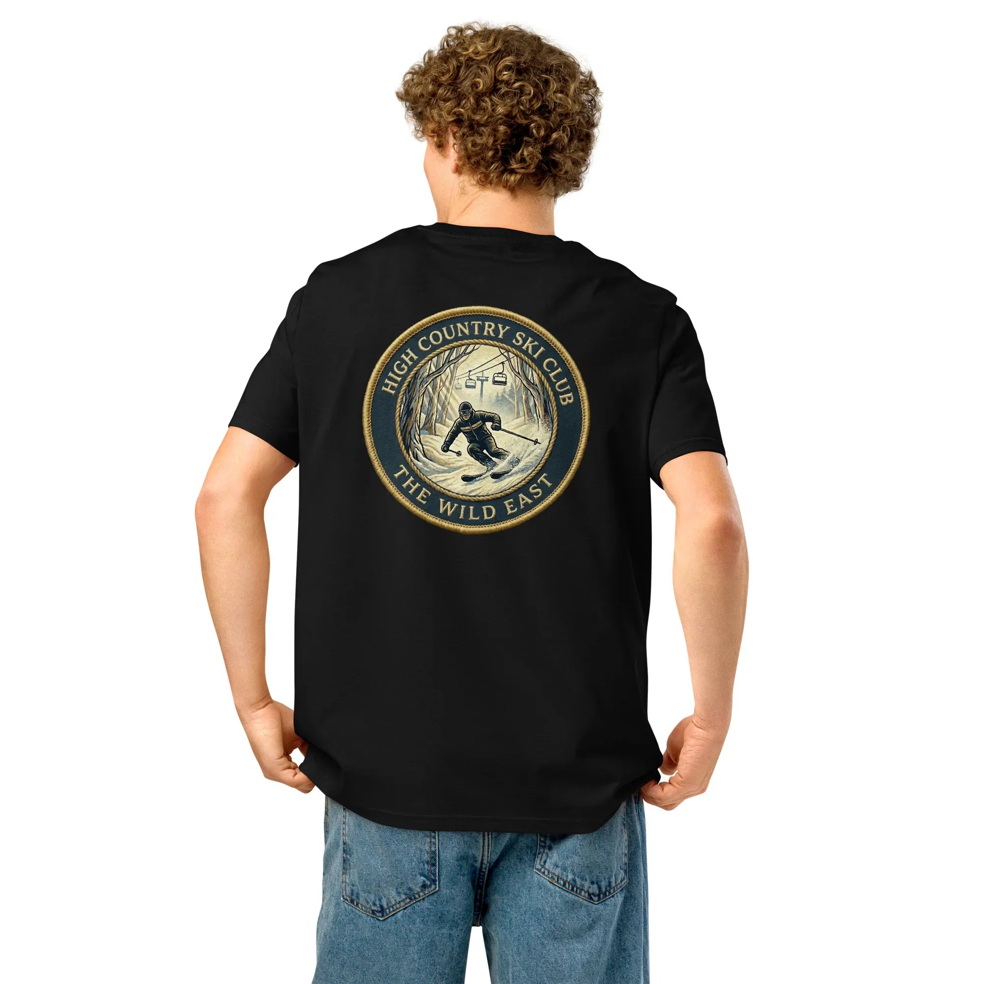 Black organic crew-neck T-shirt with Ski Club round back graphic
