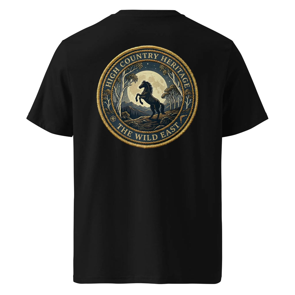 Organic Tee Heritage in black, back view with circular horse country heritage logo.