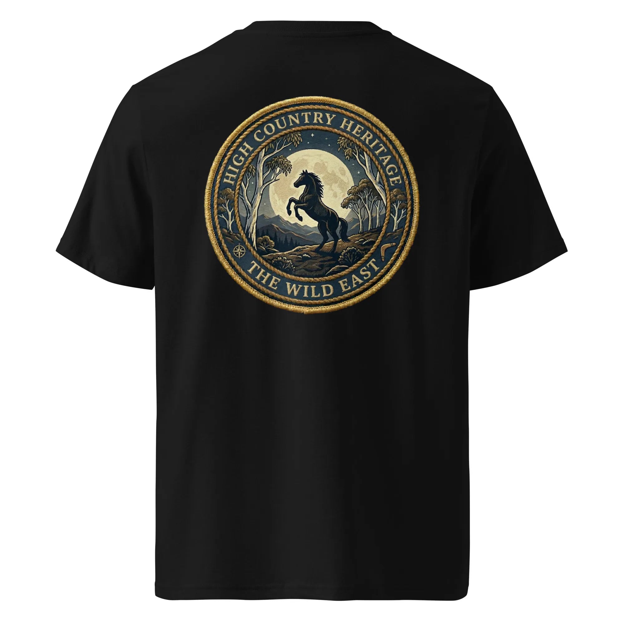 Organic Tee Heritage in black, back view with circular horse country heritage logo.