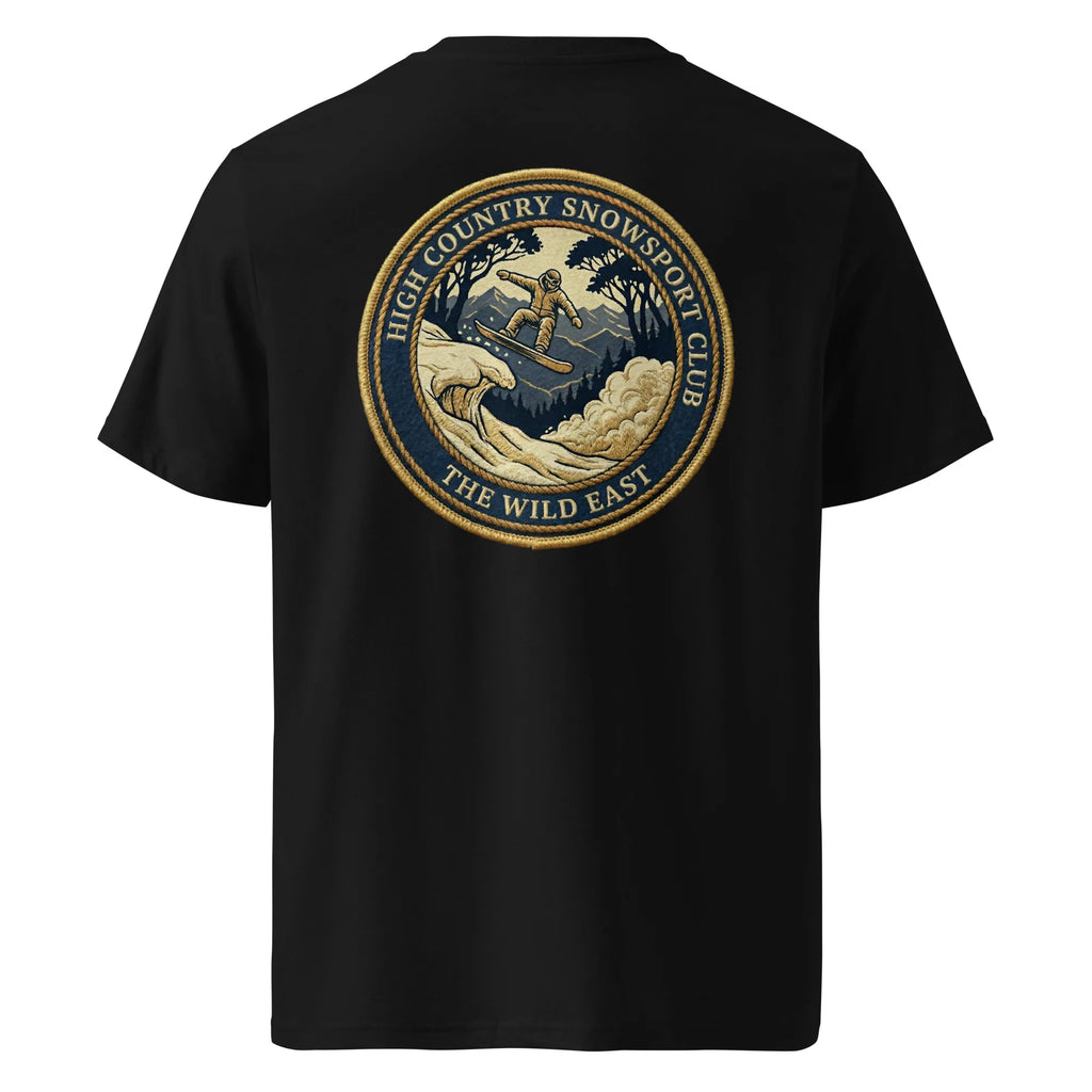 Black organic tee, back view with large embroidered-style skier badge graphic
