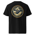 Black organic tee, back view with large embroidered-style skier badge graphic