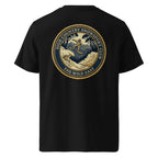 Black organic tee, back view with large embroidered-style skier badge graphic