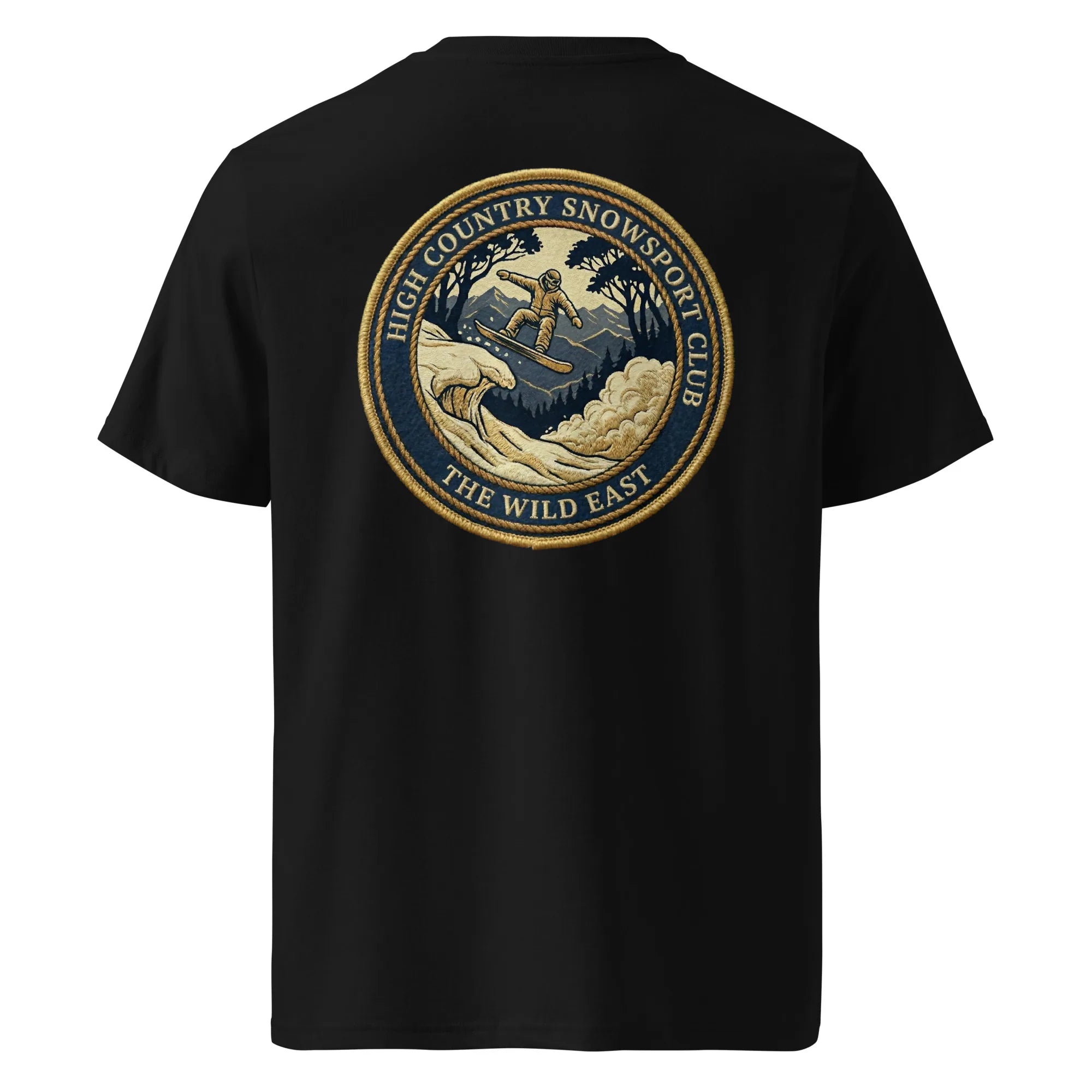 Black organic tee, back view with large embroidered-style skier badge graphic